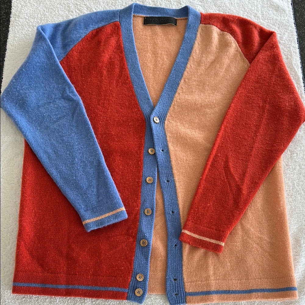 The Elder Statesman Cashmere Cardigan Color block in Peach, Blue & Orange-Large